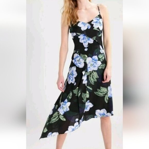 Banana Republic Navy Floral Hawaiian Strappy Dress Lined Asymmetrical 12 Tall - Picture 16 of 16
